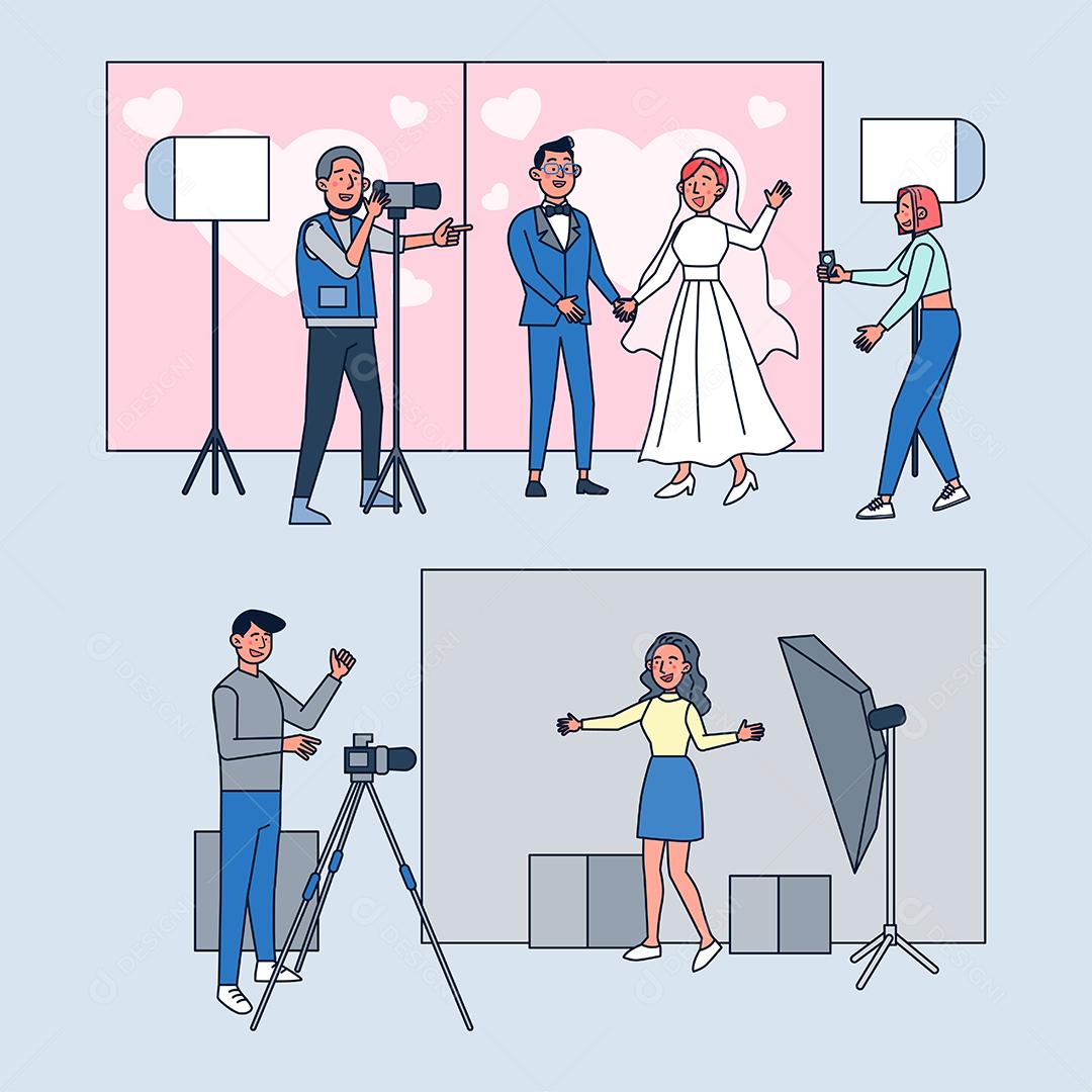 Estúdio fotográfico. Fotógrafos profissionais trabalham e filmam casamentos em estúdio. Ilustração em vetor plana dos desenhos animados.
