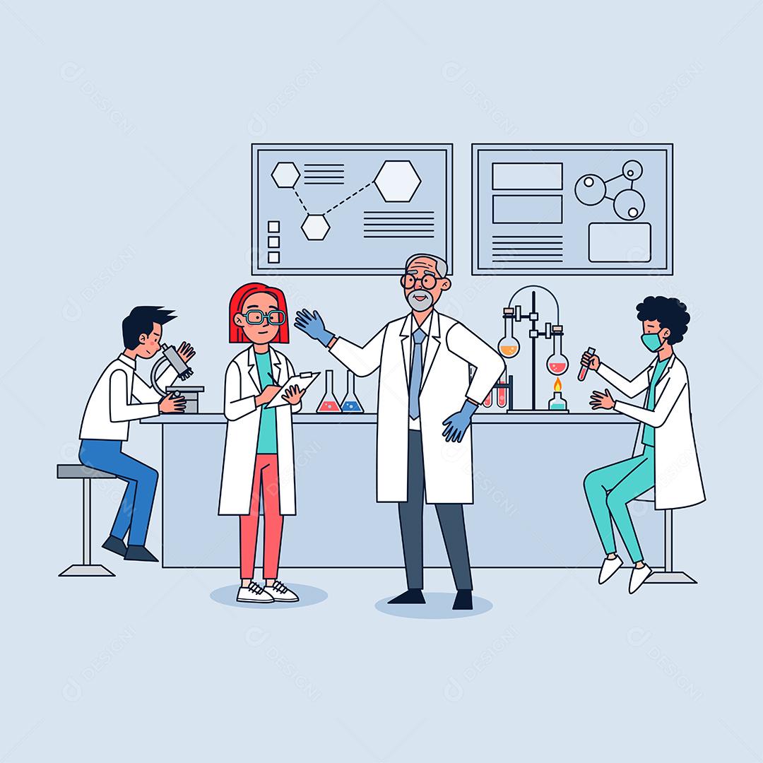 Laboratório de pesquisa científica. Pesquisadores químicos de cientistas profissionais trabalhando com equipamentos de laboratório. Design plano de ilustração vetorial.