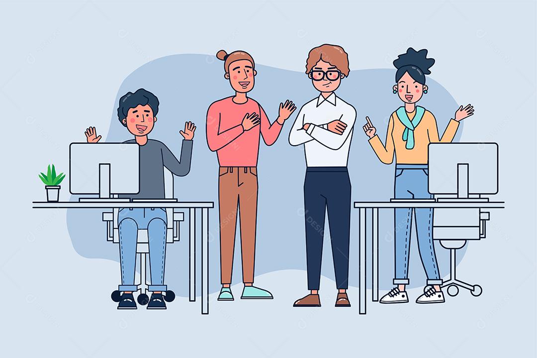 Pessoal de negócios falando e trabalhando nos computadores e gráfico na sala de reuniões. design de vetor de ilustração plana