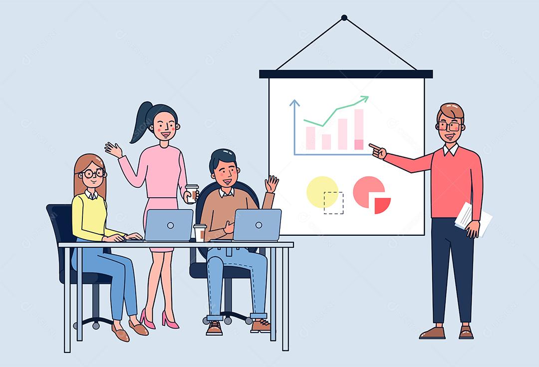 Pessoal de negócios falando e trabalhando nos computadores e gráfico na sala de reuniões. design de vetor de ilustração plana