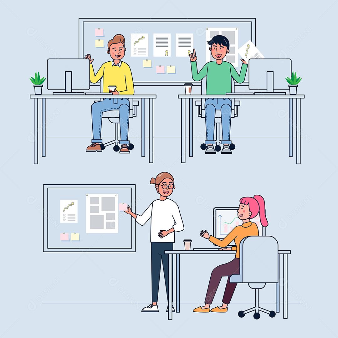 Mulher de negócios e homem ou balconista trabalhando na mesa de escritório com laptop. Funcionários do escritório falando com várias poses