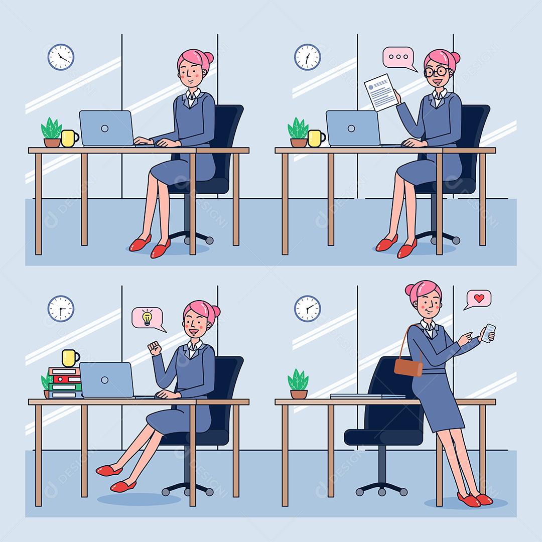 Mulher de negócios ou balconista trabalhando em sua mesa de escritório. Mulher de escritório falando com várias poses e gestos para apresentação de negócios. Design plano de ilustração vetorial.