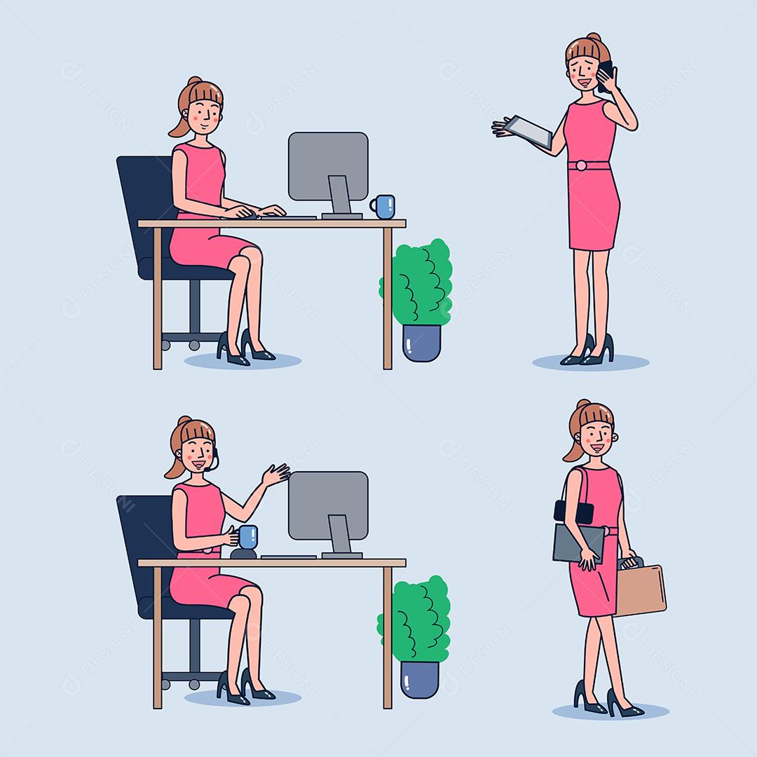 Mulher de negócios ou balconista trabalhando em sua mesa de escritório. Mulher de escritório falando com várias poses e gestos para apresentação de negócios. Design plano de ilustração vetorial.