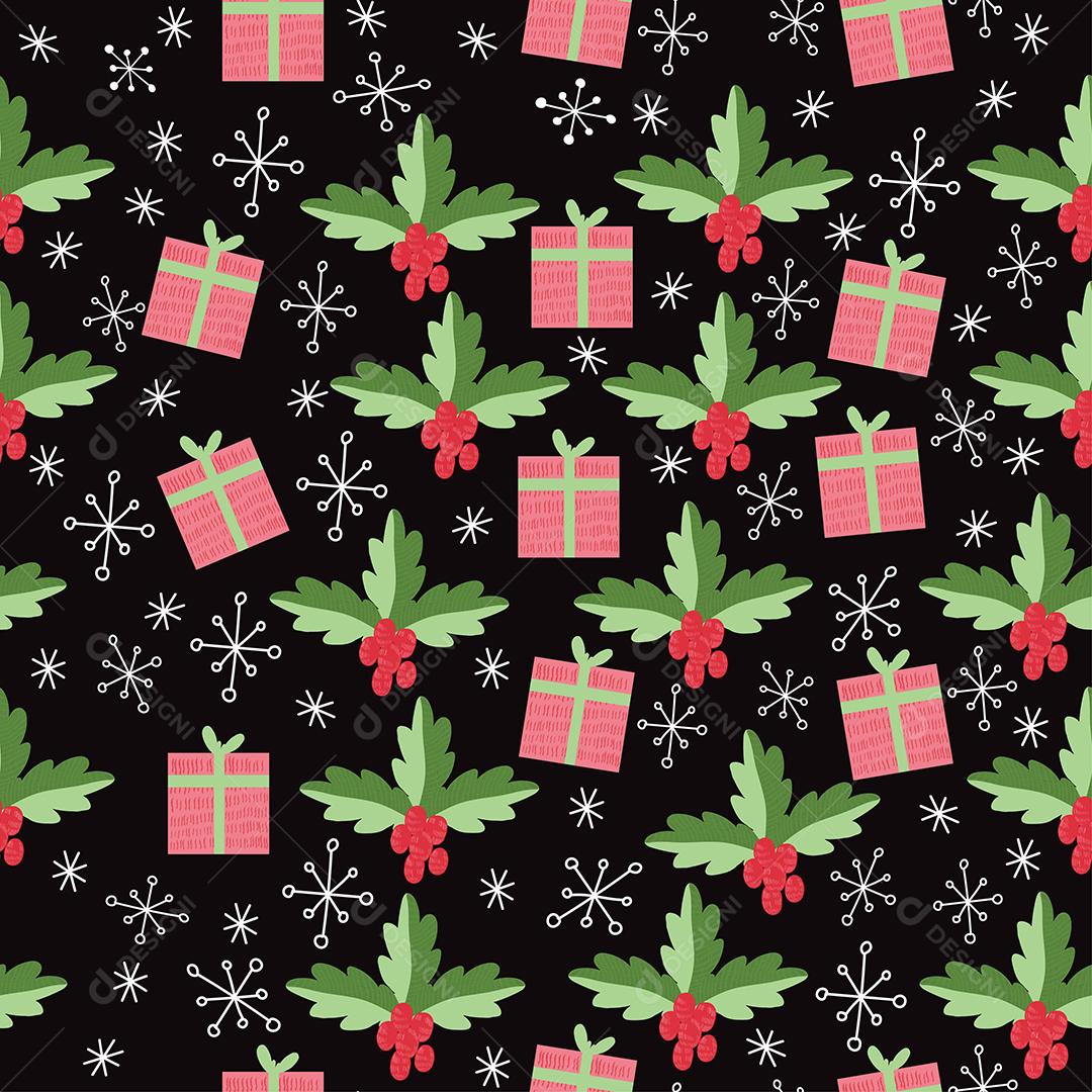 sem costura de fundo com caixa de presente e folhas de pinho.