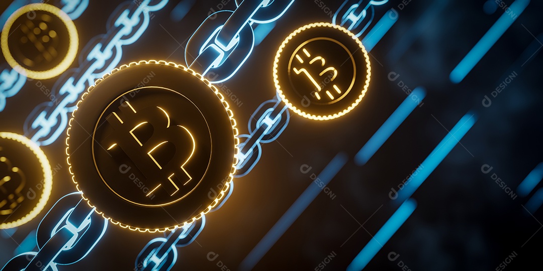 Moeda bitcoin em correntes neon