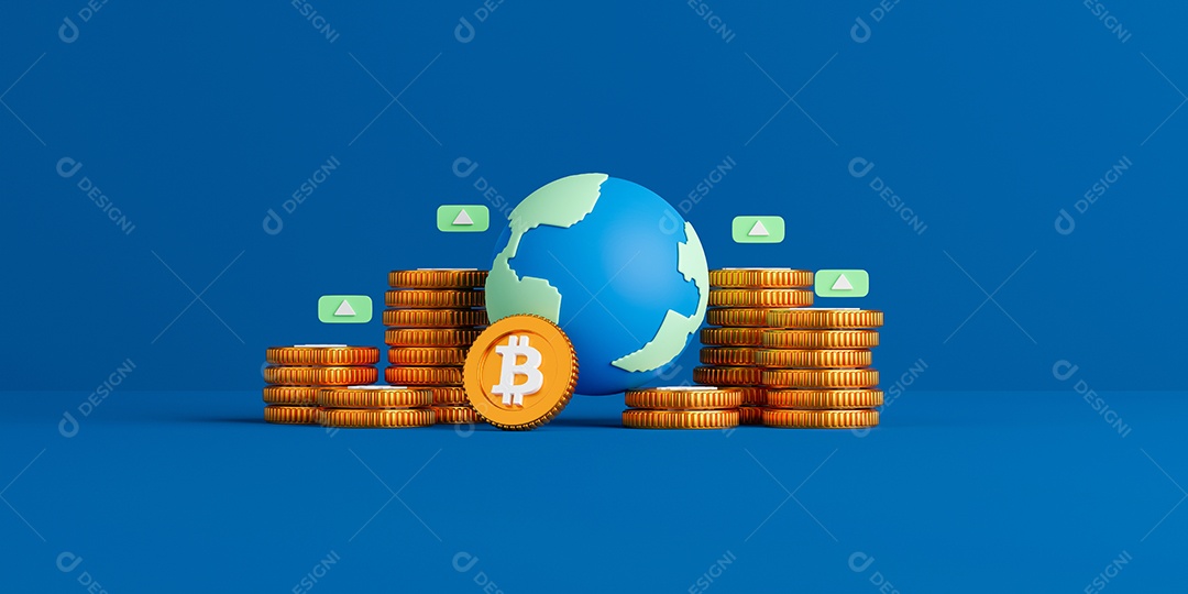 Moedas Bitcoin globo terrestre