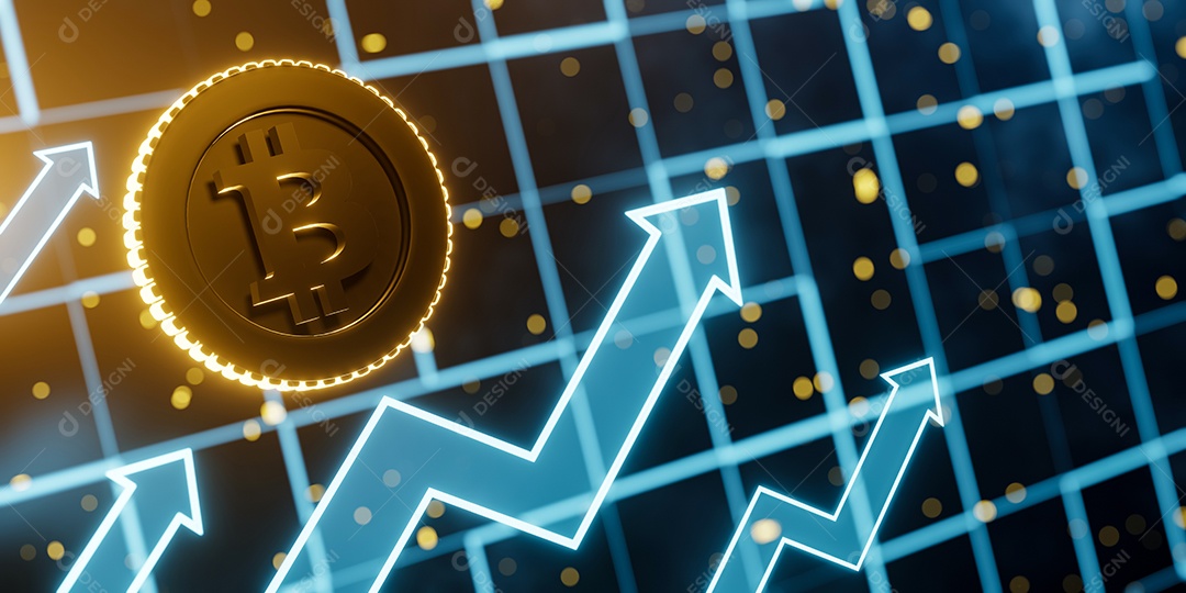 Moedas douradas Bitcoin em fundo azul