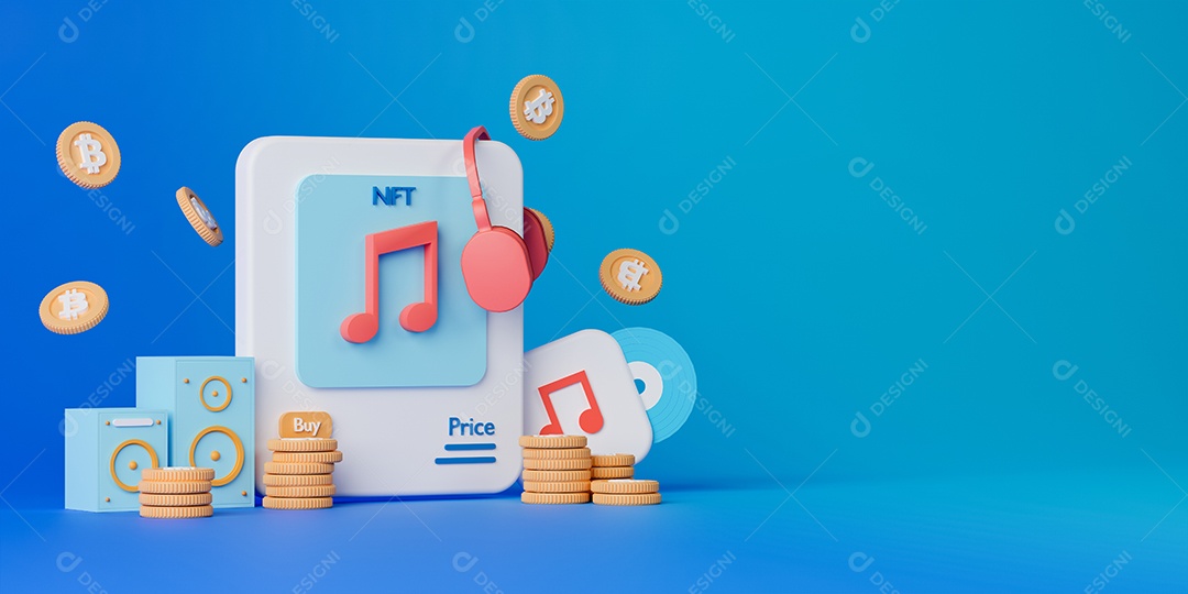 Ícone de musica e moedas bitcoin fundo azul