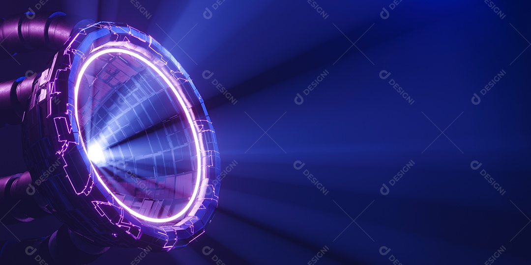 Portal de ficção científica de renderização 3D com raio de luz e luz neon rosa e azul