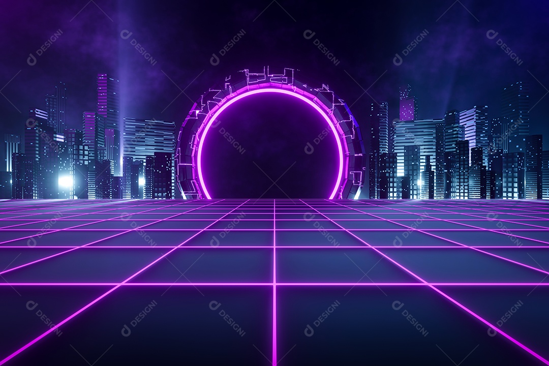Renderização 3D Corredor em luzes neon