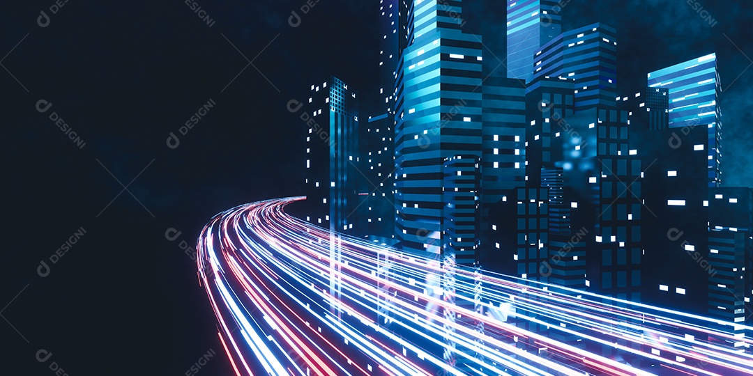 Renderização 3D paisagem cidade noturna com iluminação neon