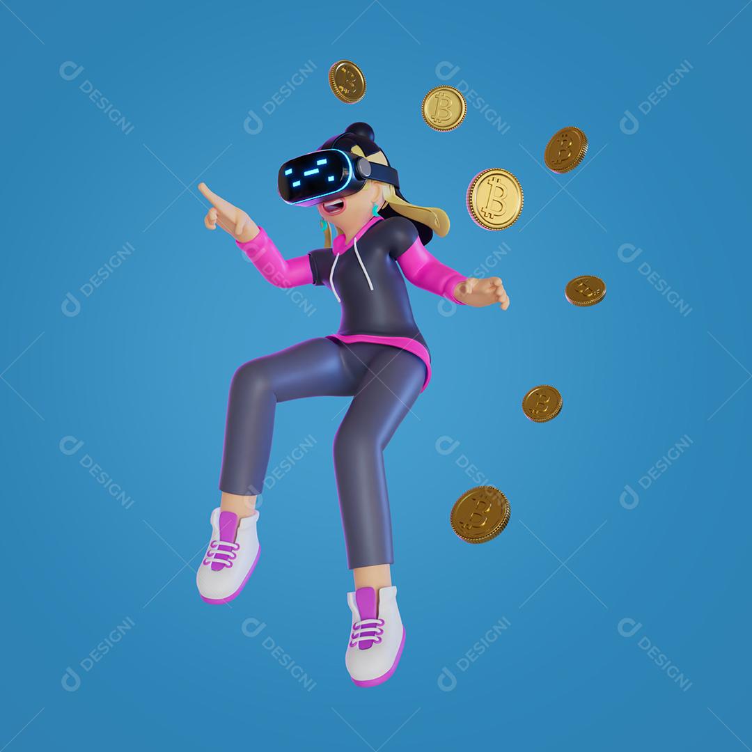 Mulher em metaverse cripto jogo de investimento adolescente
