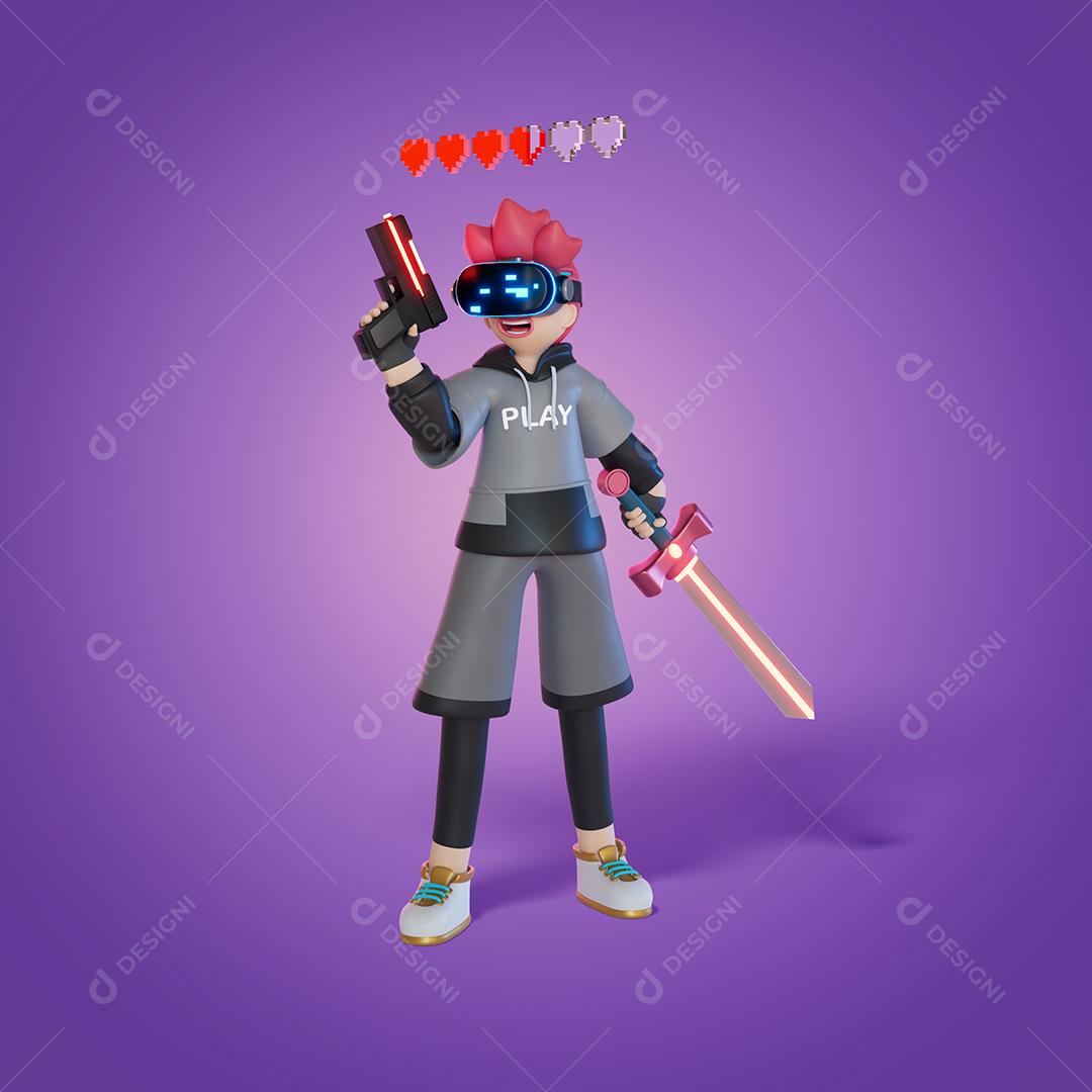 homens em pé usando VR segurando espadas e armas. Jogue o jogo na Terra do Metaverso. Para receber prêmios, retrato, 3D, renderização, ilustração