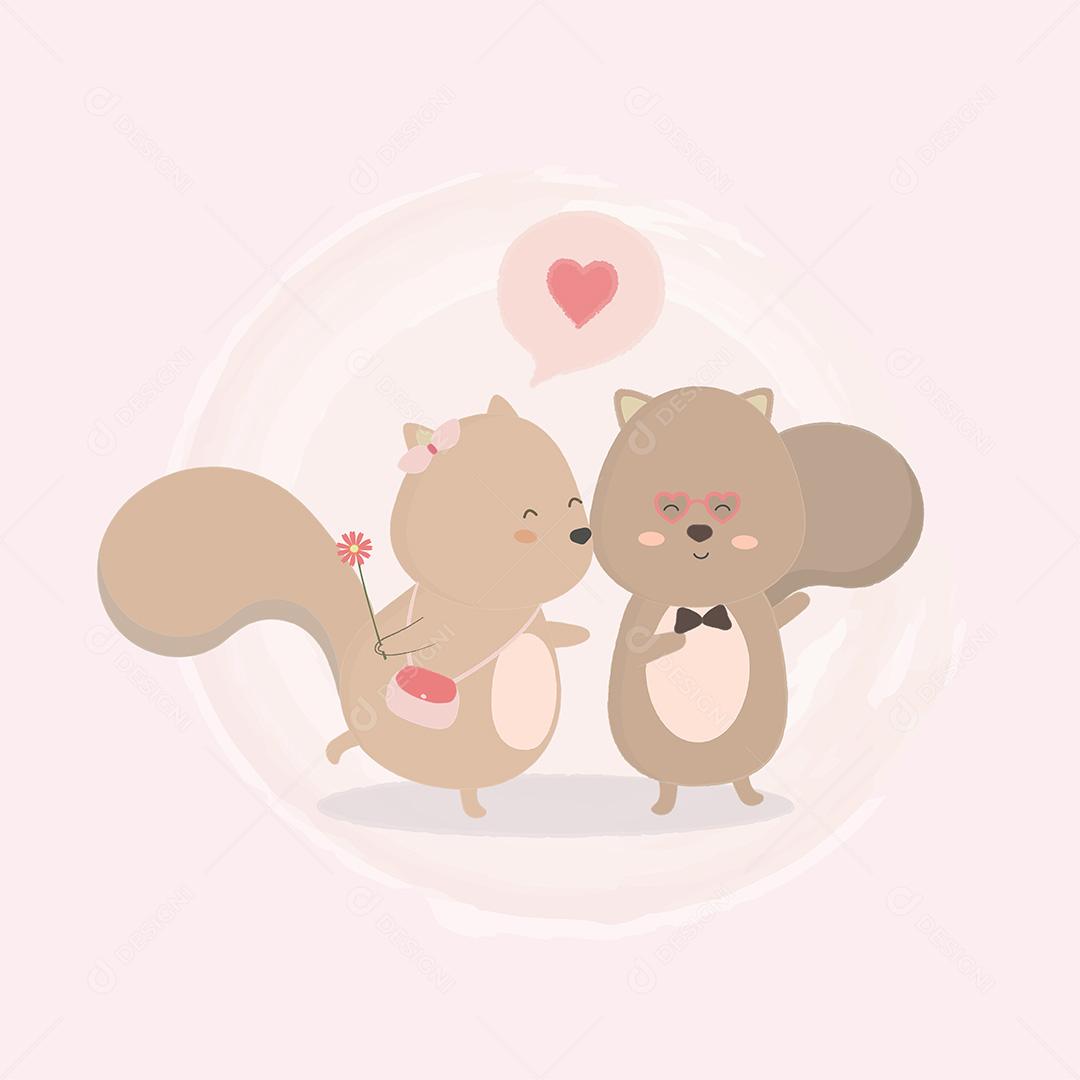 Um casal de esquilos se beija na bochecha. Em torno da forma do círculo