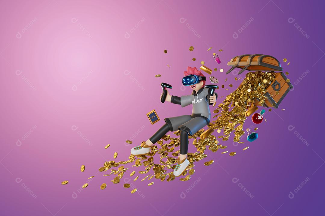 Homem jogando vr e segurando um controlador em pilhas de criptomoedas 3D