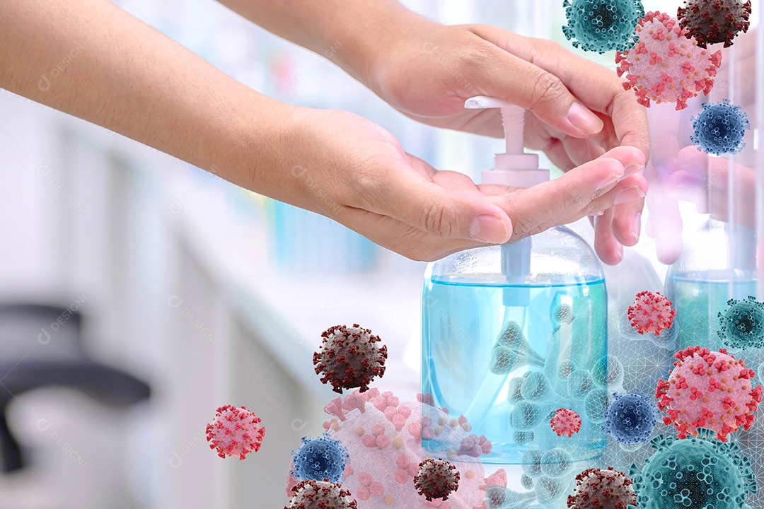 Mão pressionando uma garrafa de álcool gel azul. colocar na mesa para servir os clientes para evitar vírus muitos patógenos