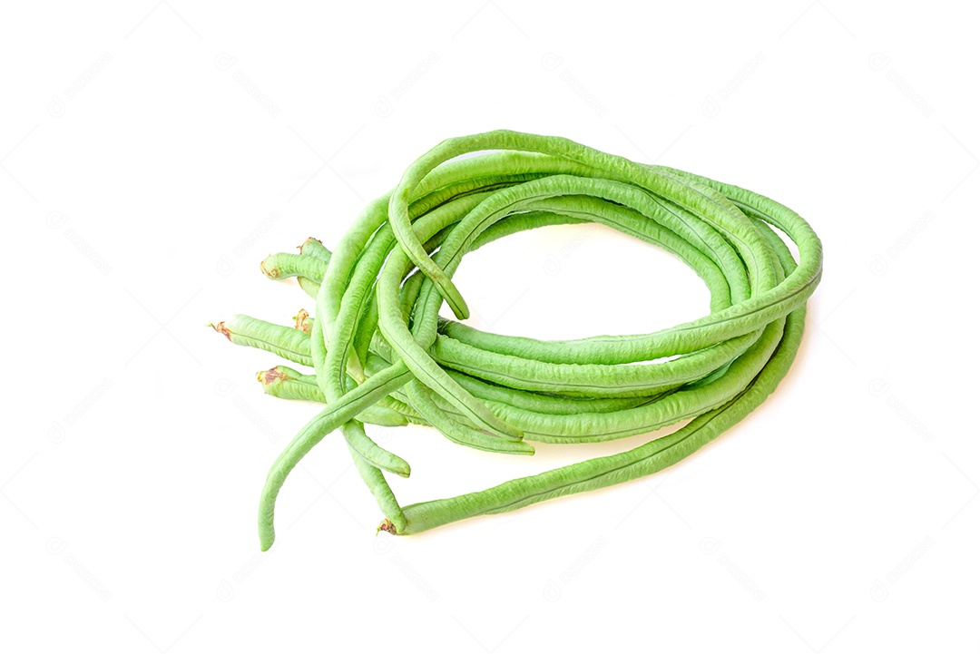 feijão fresco (Vigna unguiculata subsp. sesquipedalis) isolado em um fundo branco