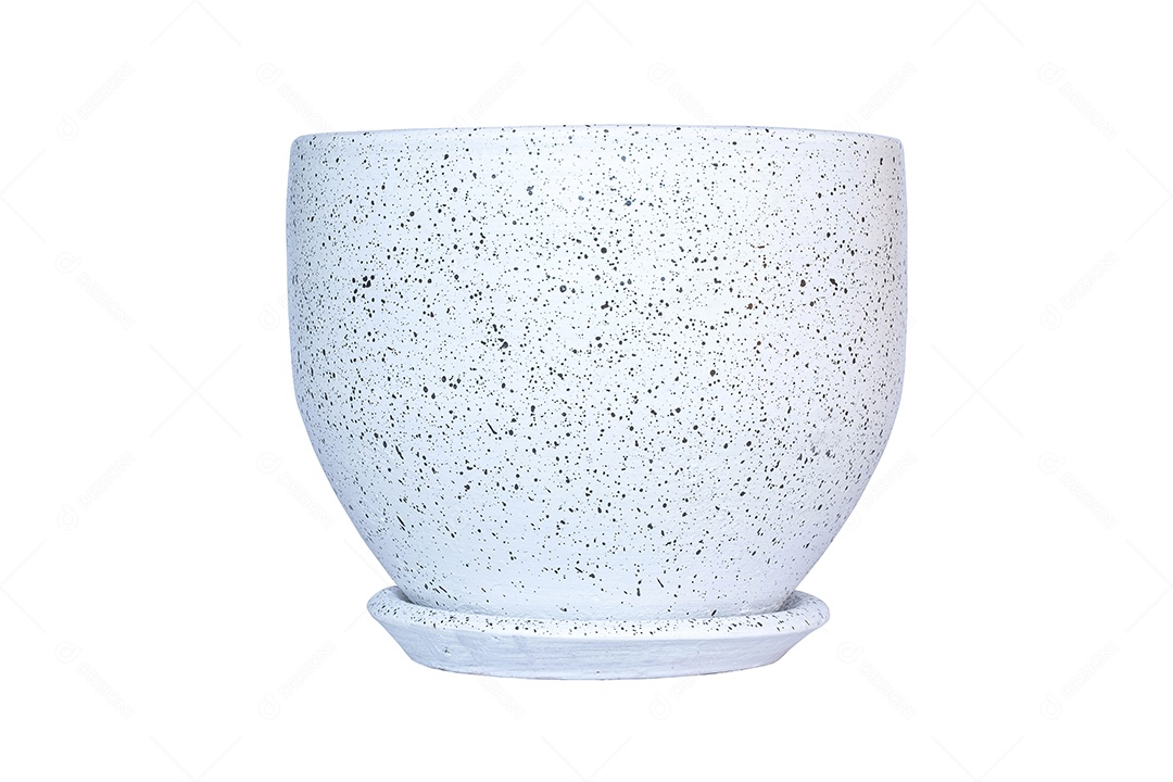 Vaso de flores de bolinhas brancas modernas com pires isolado no fundo branco com traçado de recorte