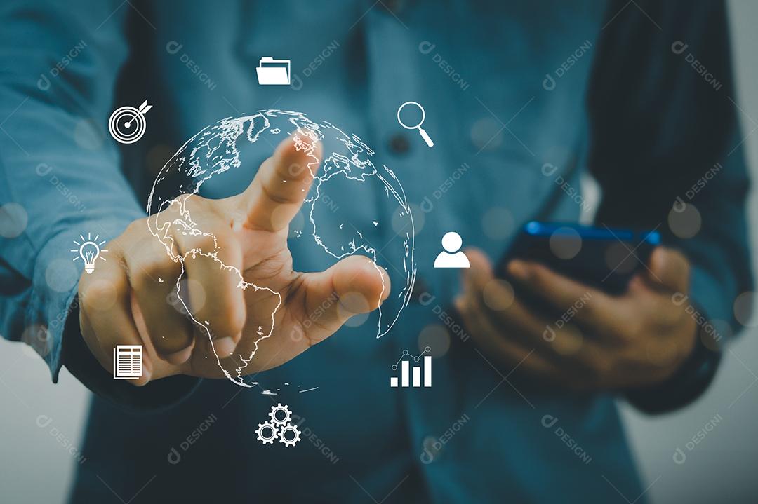 Conceito de tecnologia de mundo virtual. Mundo e negócios