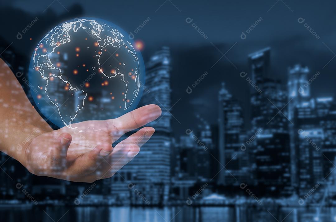 Businessman touching global network communication and data exchanges