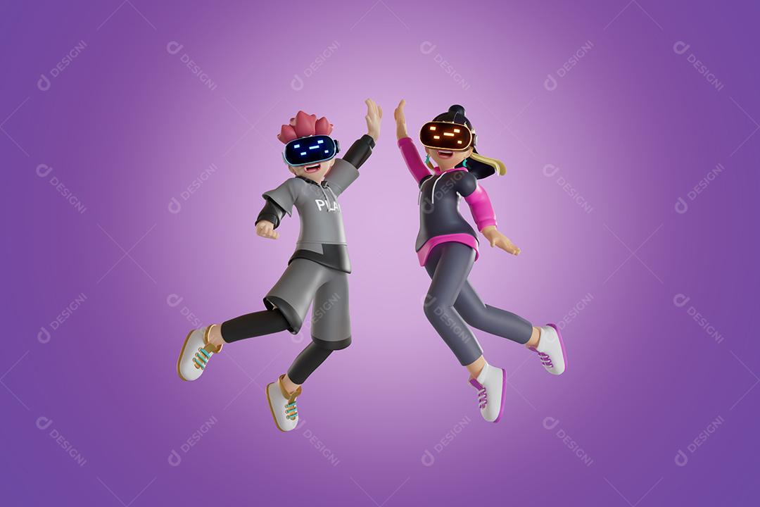homem e mulher usando vr, batendo palmas, cumprimentando uns aos outros. 3D