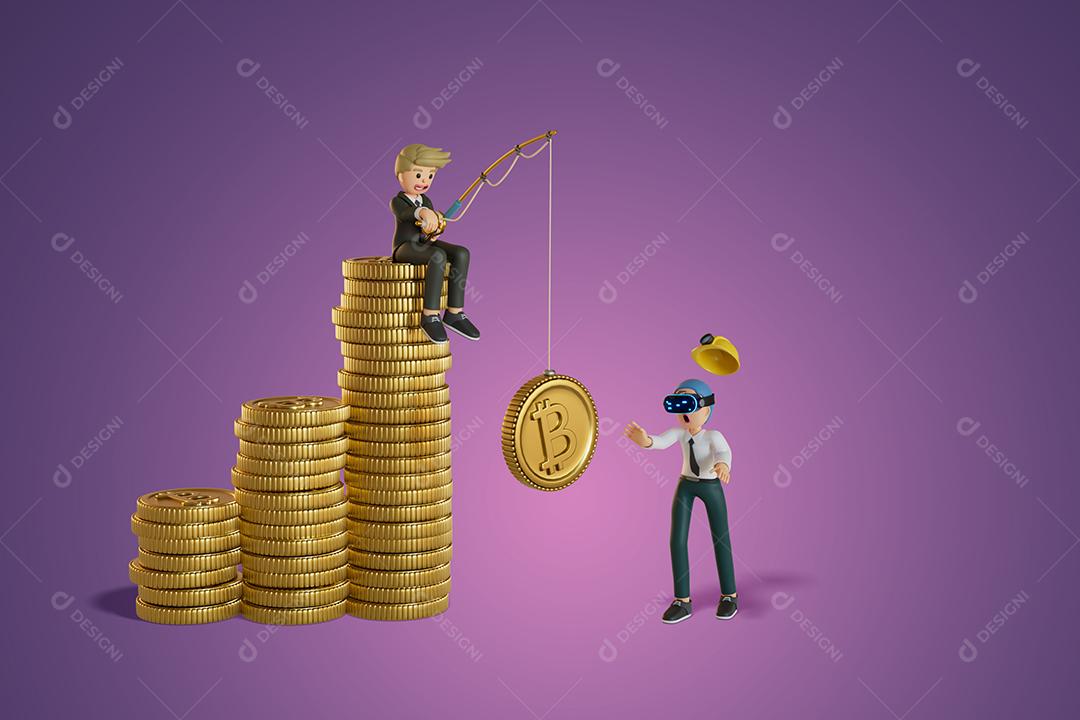 Homem usando VR estão sendo vítimas de golpes de criptomoedas. com vara de pescar 3D, renderização, ilustração