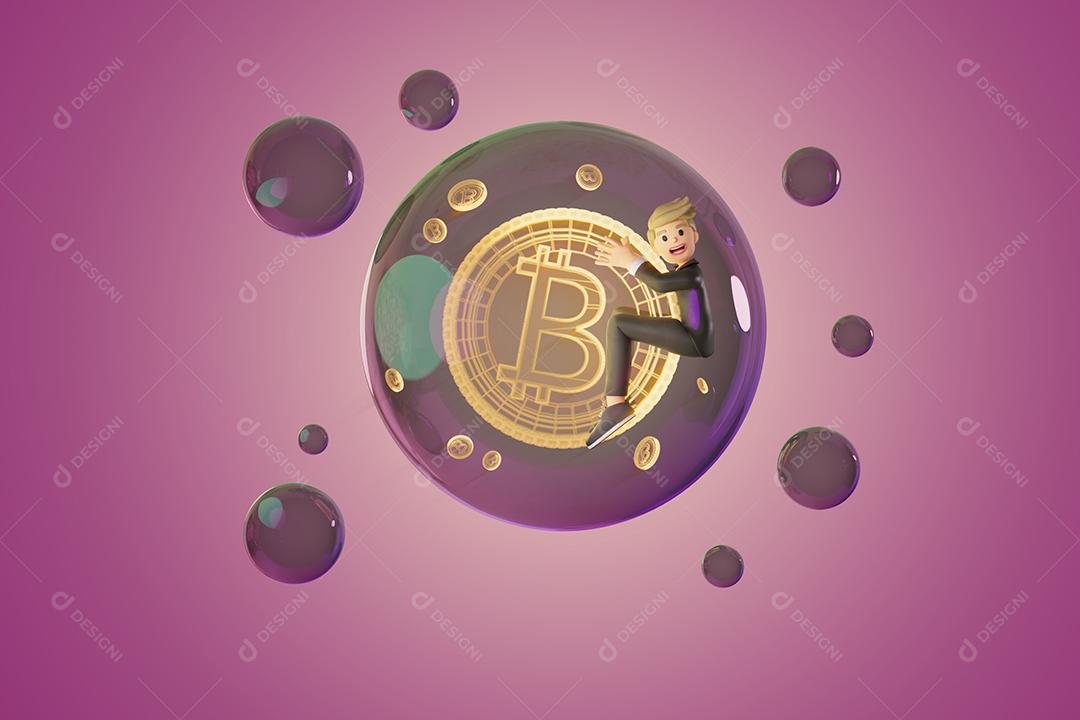 Homem segurando moedas criptográficas em uma bolha. Ilustração de renderização em 3D