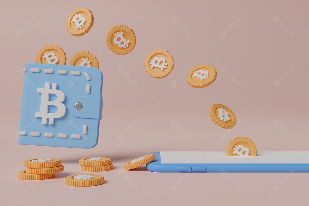 Renderização 3D Conceito Moedas Bitcoin dentro da carteira