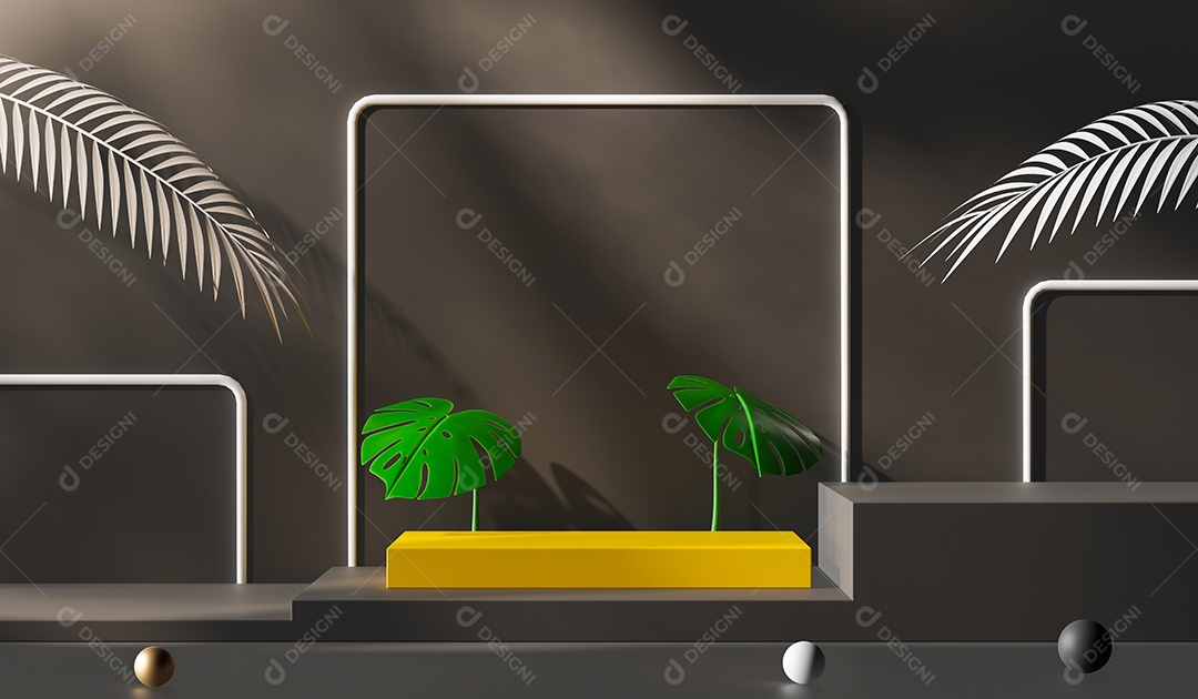 Renderização 3D Pódio para exibição decorado com plantas