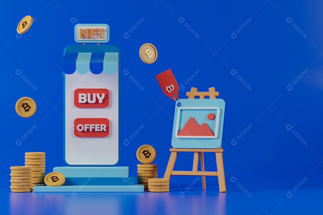 Renderização 3D Siglas NFT e símbolo Bitcoin