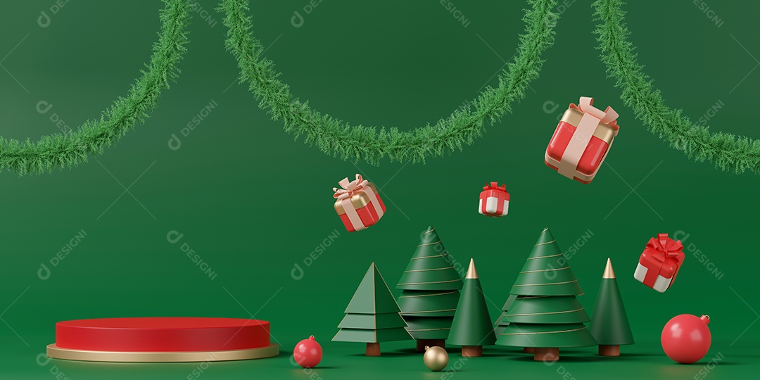 Renderização 3D Pódio com decoração de Natal