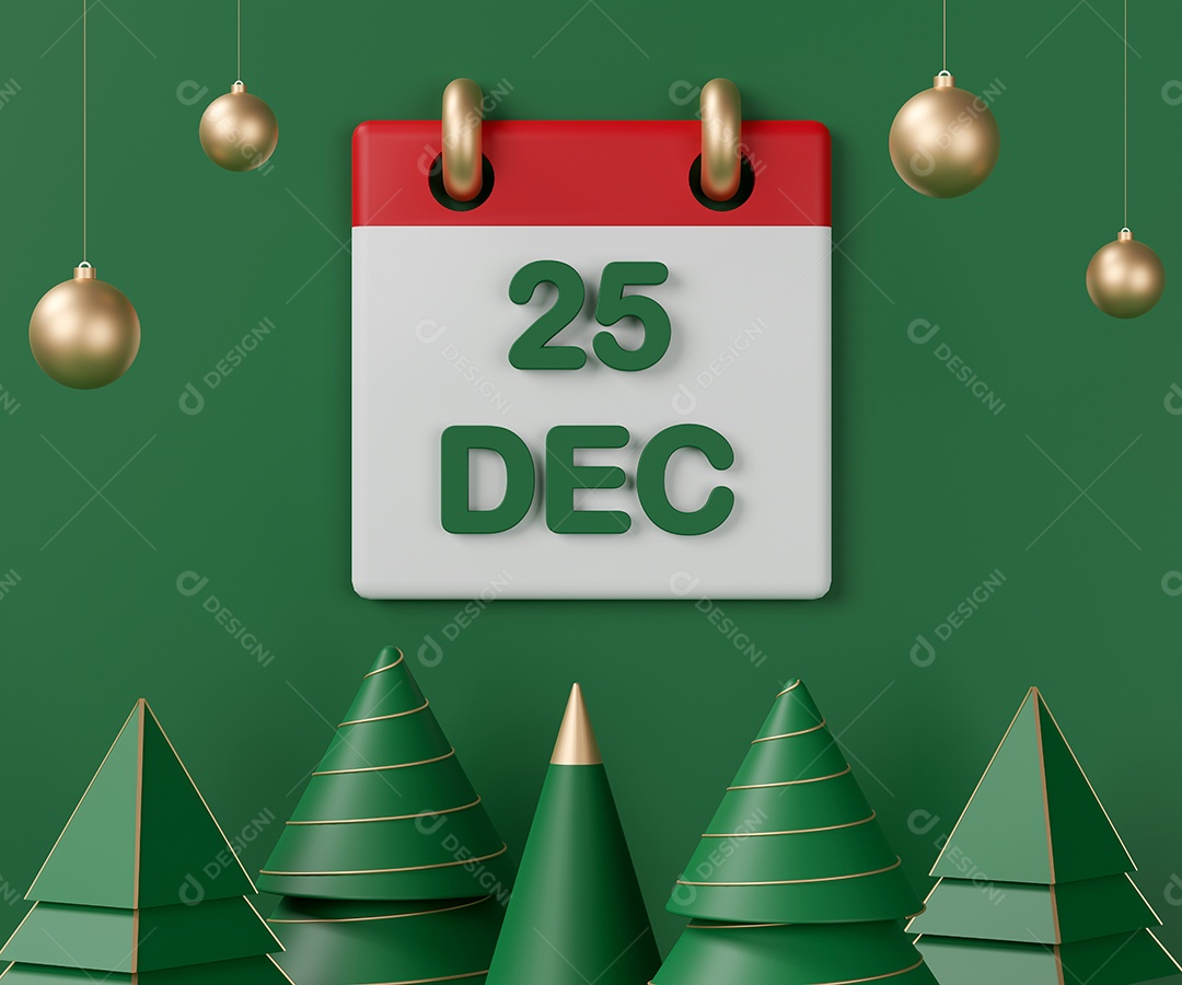 Renderização 3D calendário com data 25 Dezembro natal