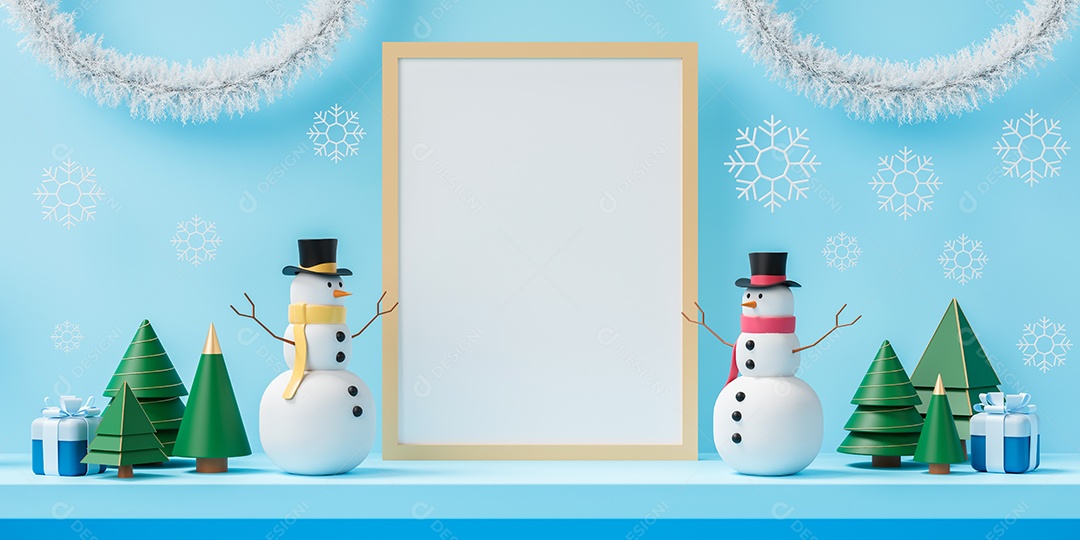 Renderização 3D Moldura de Natal com bonecos de neve