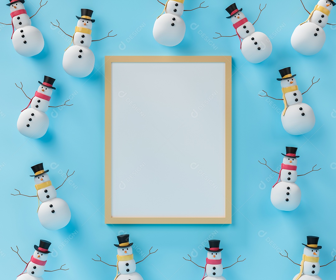 Renderização 3D Moldura em branco com bonecos de neve espalhados