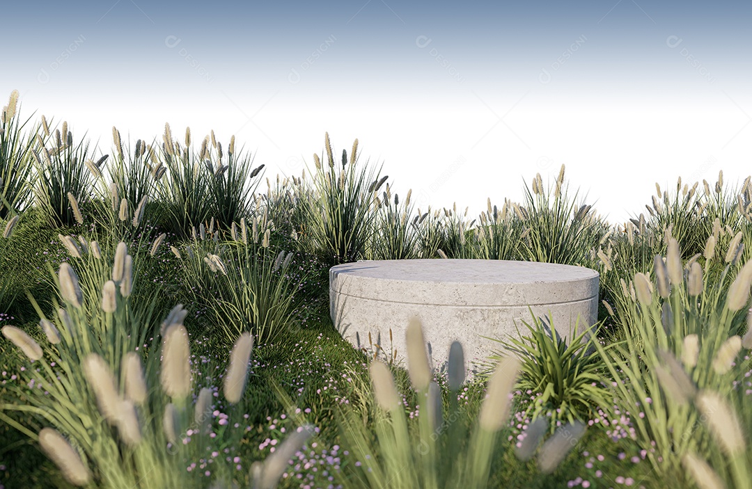 Uma imagem de renderização 3D da exibição do produto no campo de grama.