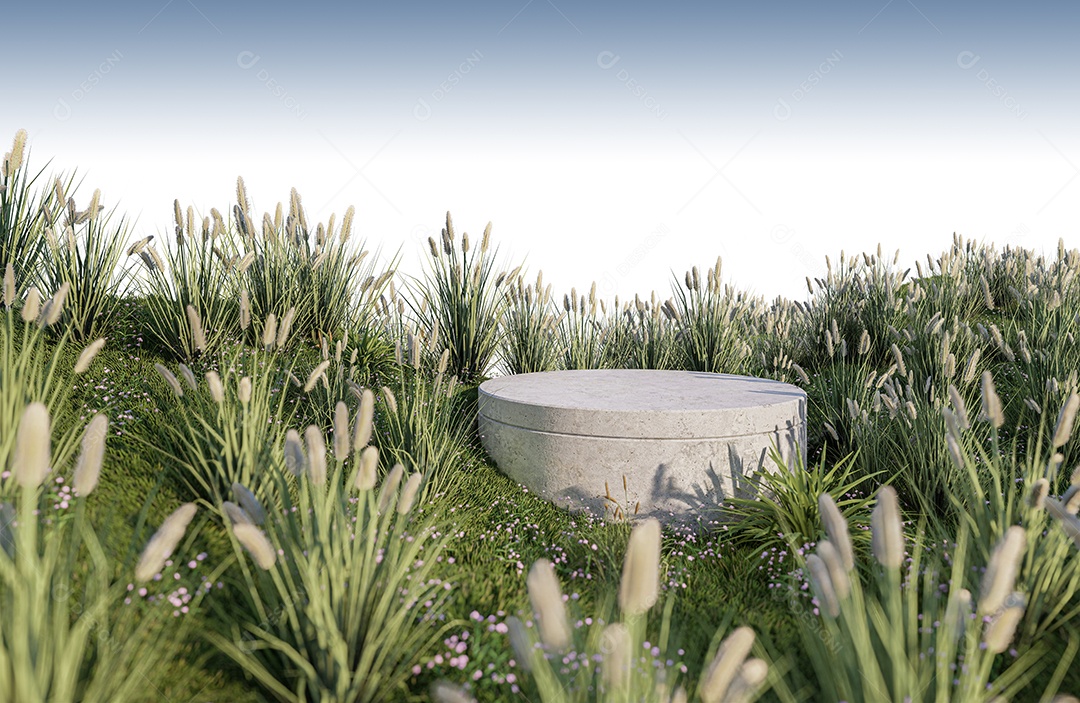 Uma imagem de renderização 3D da exibição do produto no campo de grama.