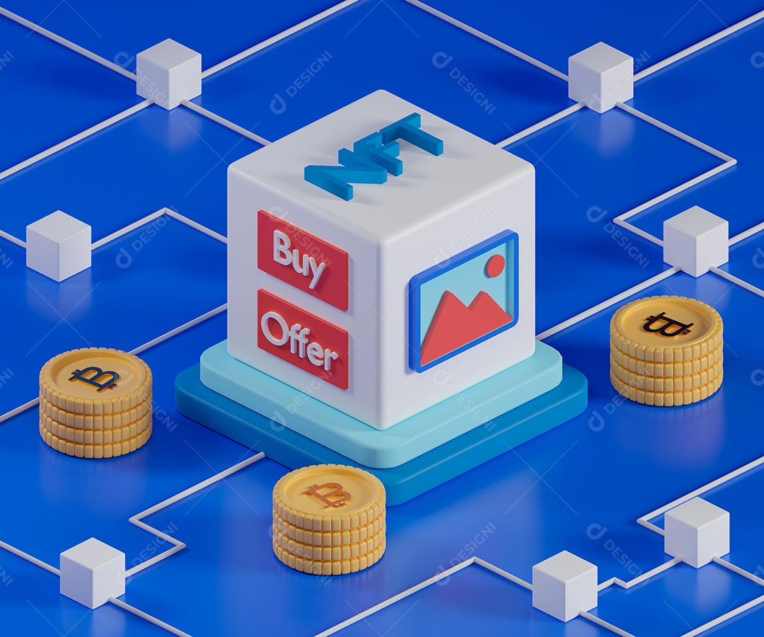 Renderização 3D Sigla NFT criptomoedas Bitcoin