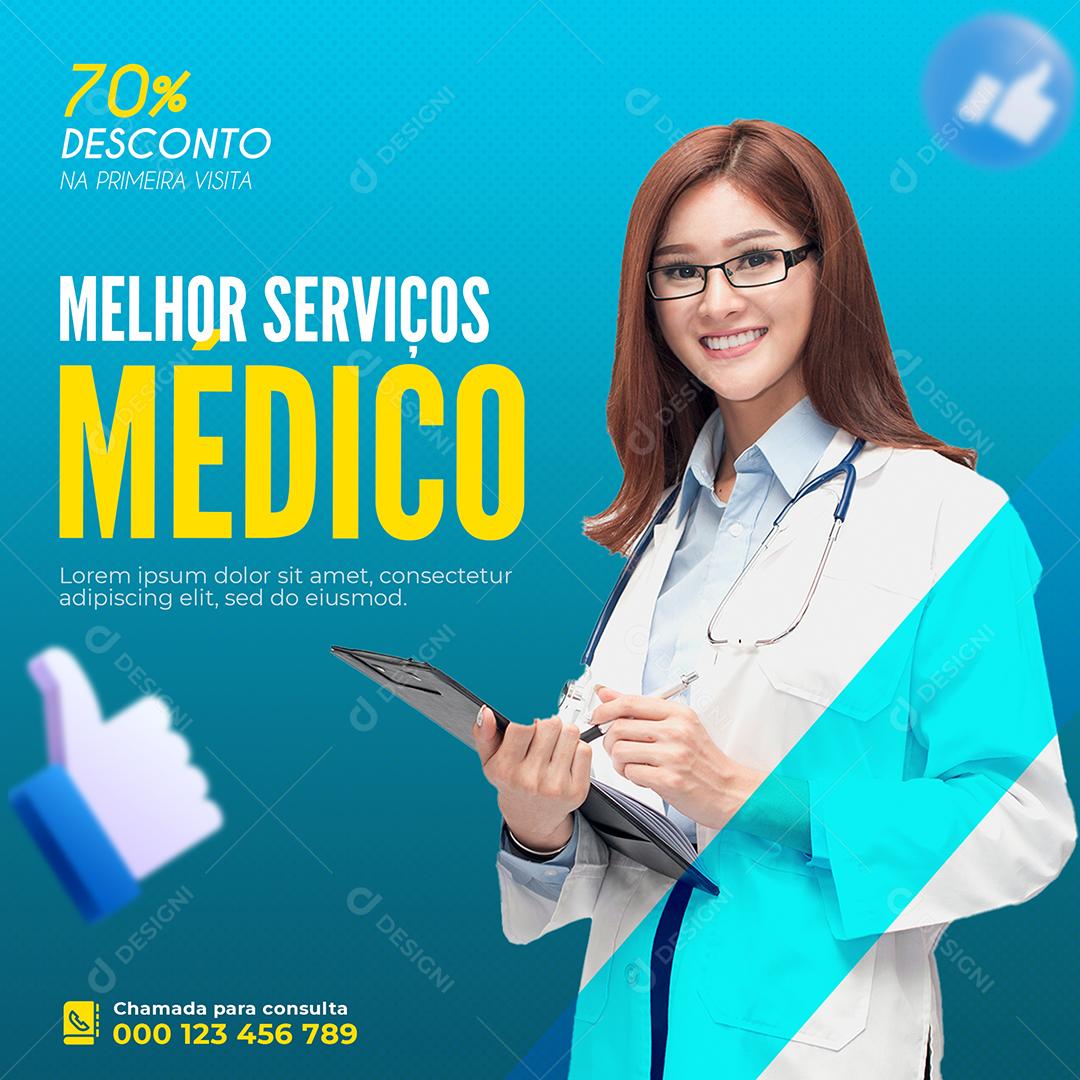 Melhor serviço Médico 70% Desconto na Primeira Visita Social Media PSD Editável