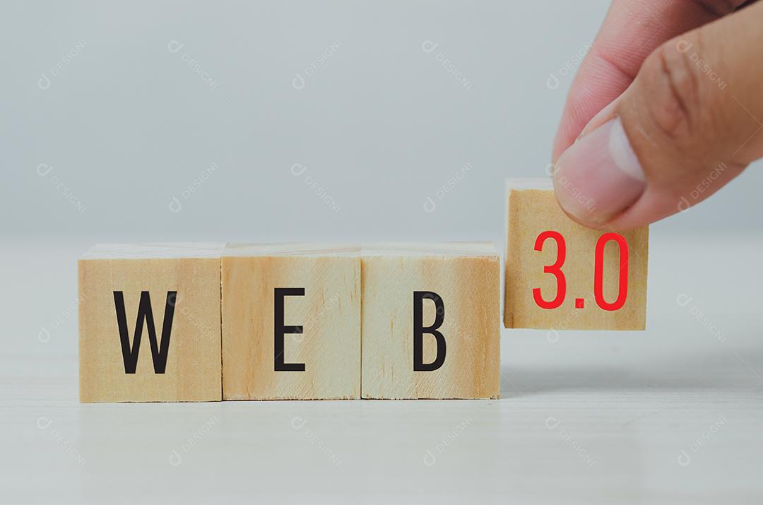 Cubos de madeira com símbolo da web 3.0 no espaço de fundo e cópia. Conceitos de negócios.