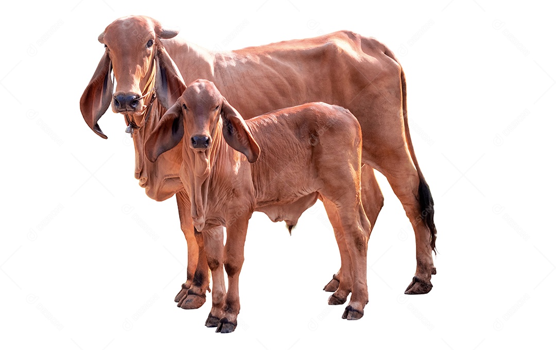 Vaca vermelha e o filho em pé isolado no fundo branco