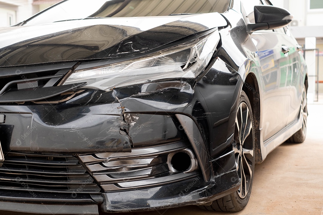 O carro com peças da frente quebrados após um acidente de viação faróis