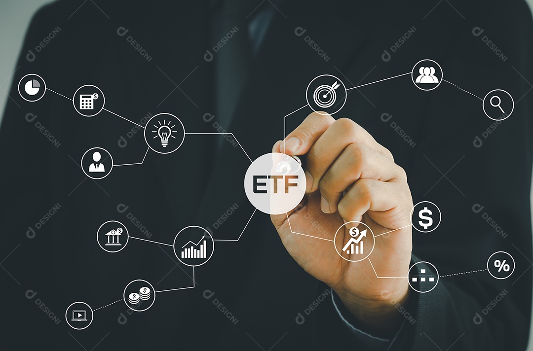 Ícone do empresário de mão ETF Câmbio de fundo comercial tela virtual Internet Business finanças do mercado de ações Conceito de fundo de índice.