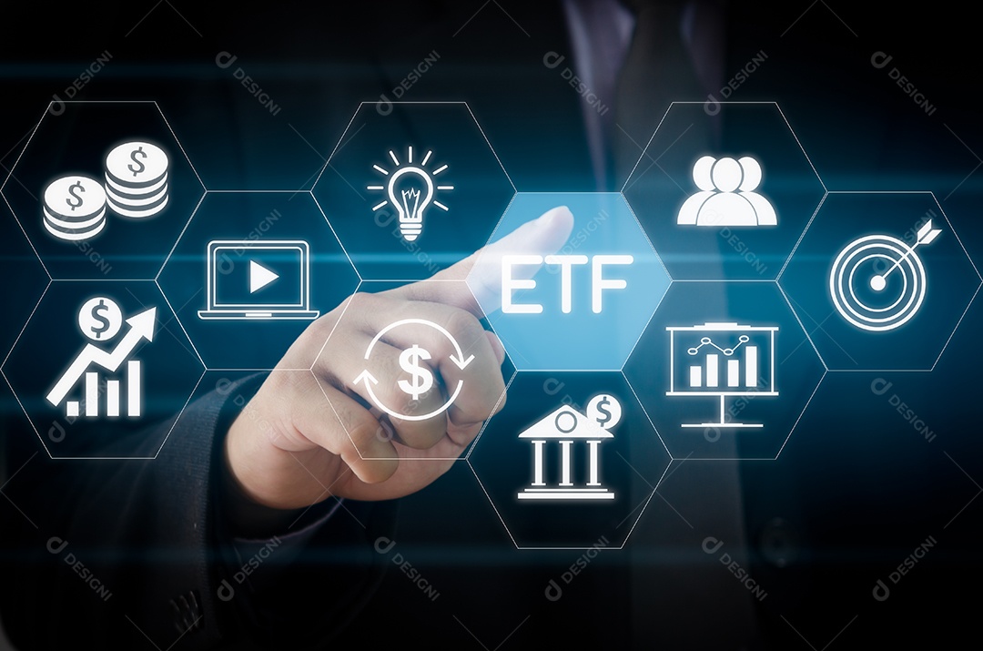 Ícone do empresário de mão ETF Exchange Fundo negociado tela virtual Internet Business finanças do mercado de ações Conceito de fundo de índice.