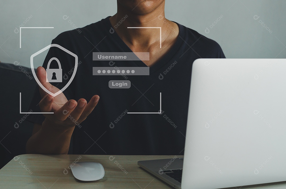 Homem usando o nome de usuário e a senha da página de login do computador portátil em uma tela virtual. Conceito de tecnologia de negócios.