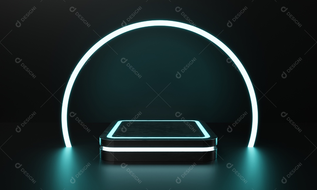Pódio de ficção científica de vitrine de produtos modernos com fundo de neon claro azul- esverdeado e branco brilhante. Conceito de tecnologia e objeto. Renderização de ilustração 3D.