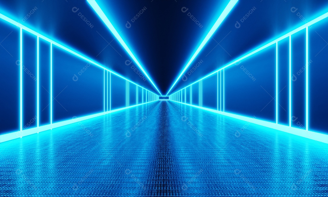 Sala vazia com passarela infinita e fundo de luz neon azul. Resumo e conceito de tecnologia. Renderização de ilustração 3D.