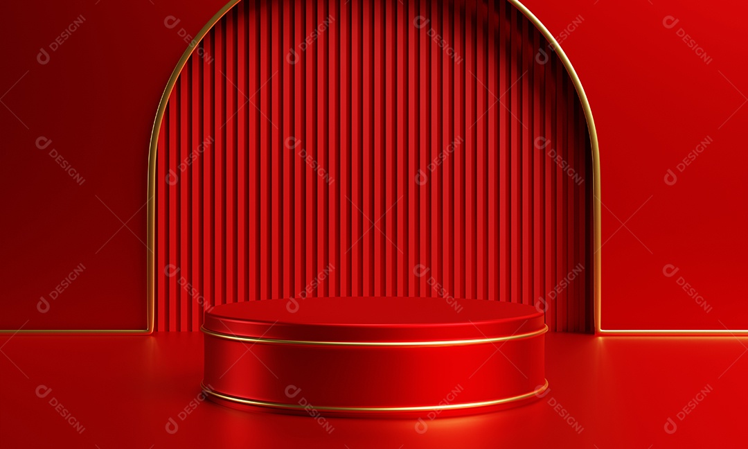 Ouro de luxo e pódio vermelho para fundo de modelo de publicidade de cosméticos. Conceito de maquete de objeto e negócios. Renderização de ilustração 3D.