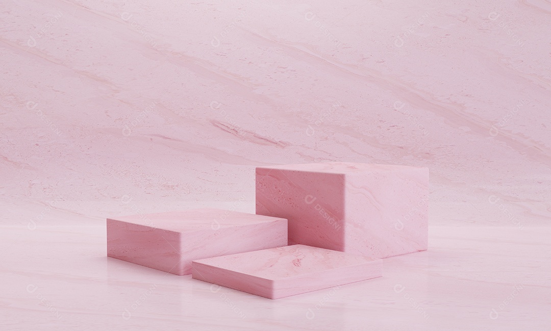 Pódio mínimo de três cubos rosa e palco para publicidade de produtos ou cosméticos com fundo. Objeto e conceito abstrato. Renderização de ilustração 3D.