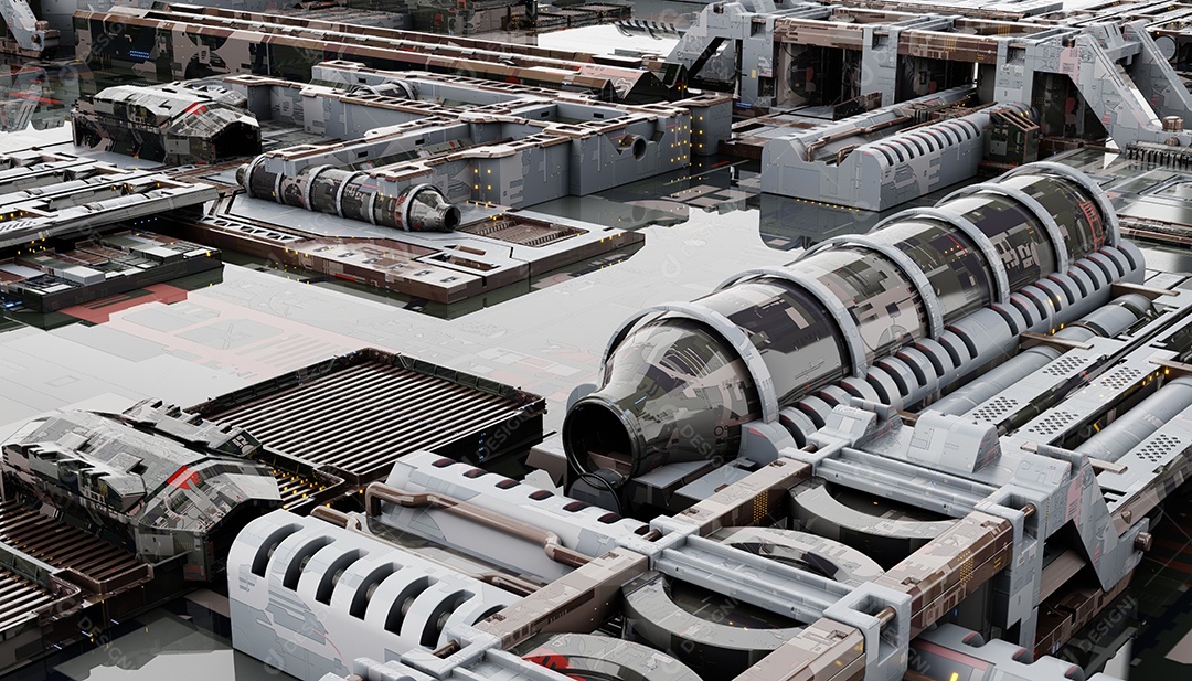 Base militar espacial com fundo de tecnologia de construção inovadora. Ficção científica e conceito industrial.