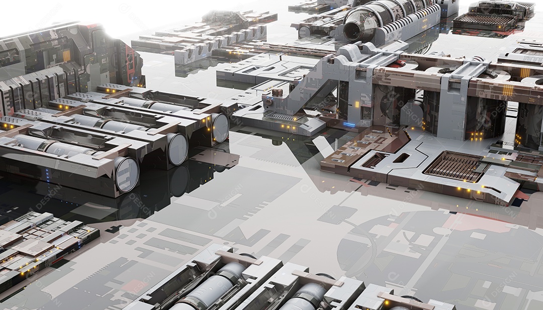 Base militar espacial com fundo de tecnologia de construção inovadora. Ficção científica e conceito industrial.